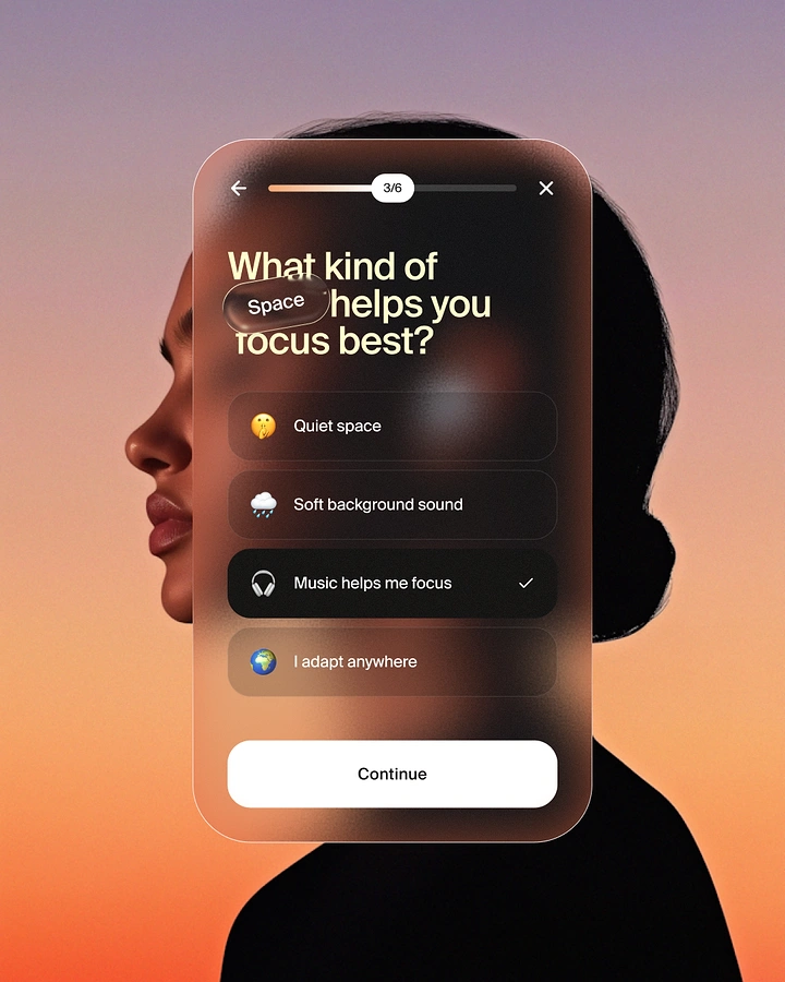 Creative ad: Frosted-glass quiz UI card over a woman's side profile