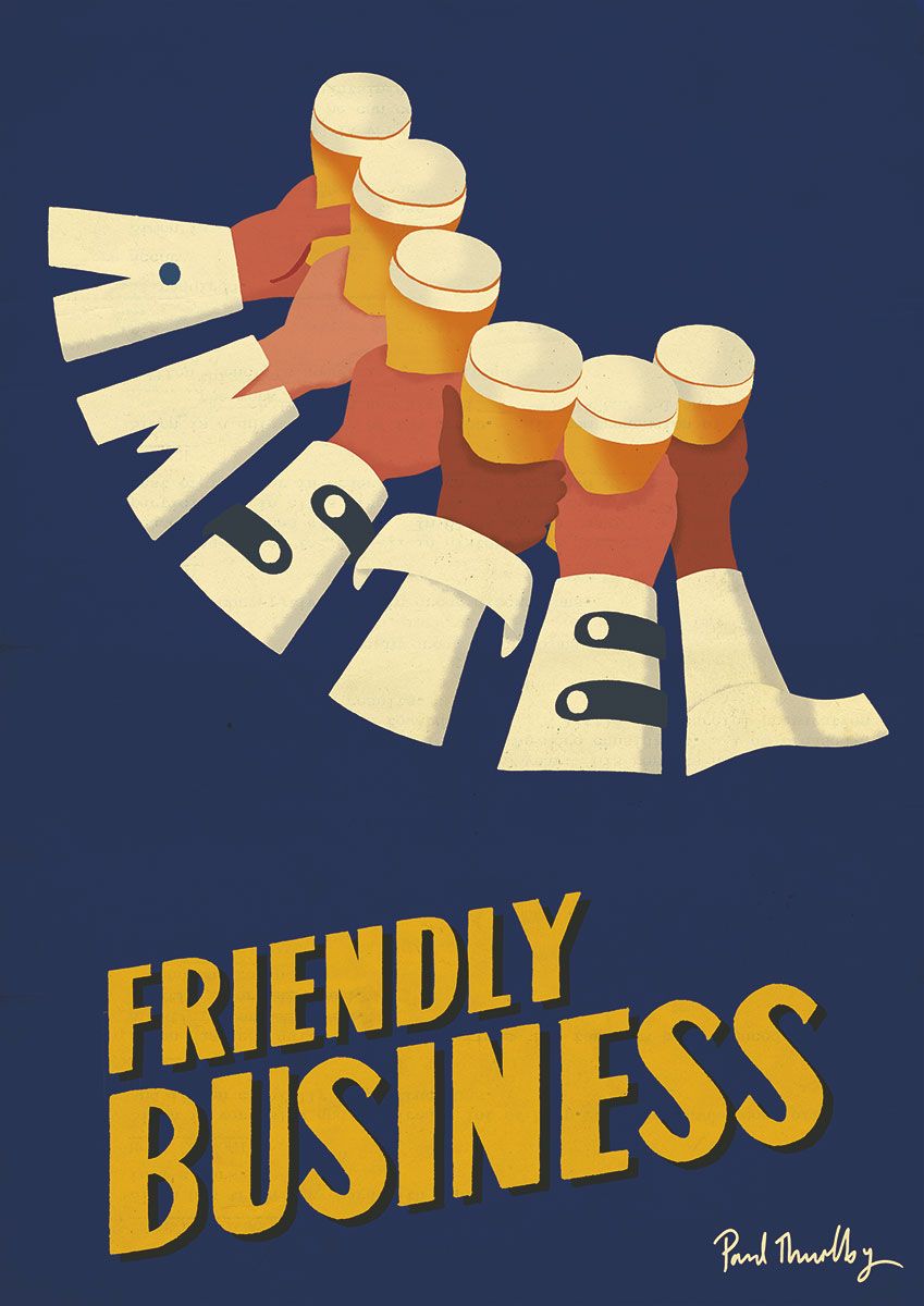 Diverse hands in shirt-cuff letterforms raising beers in a toast