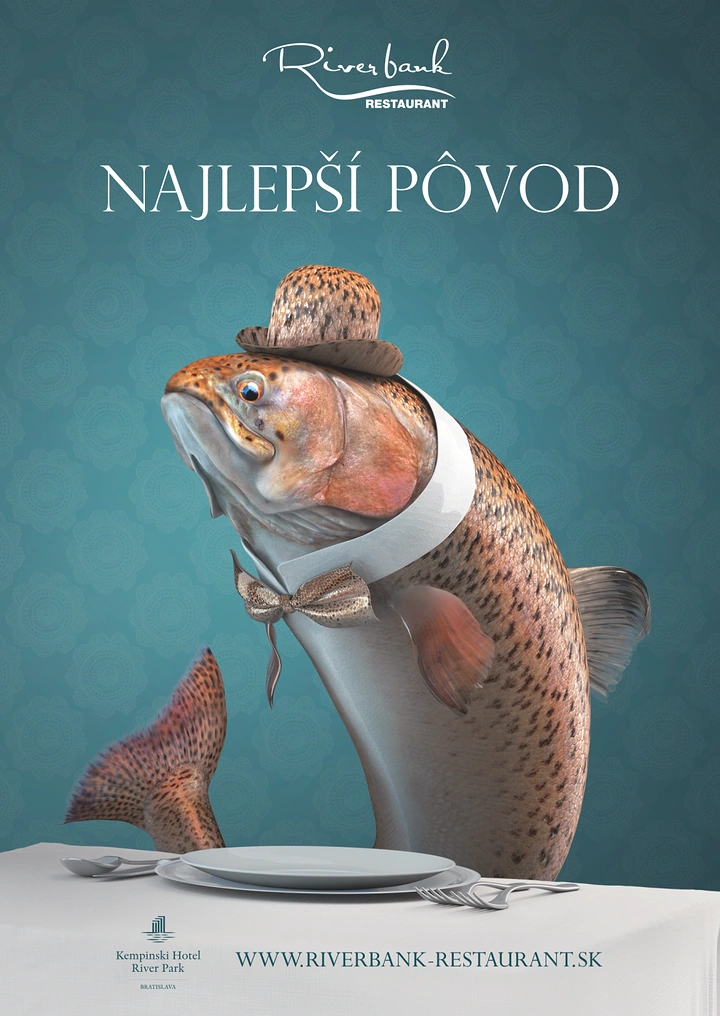 Seafood Restaurants creative ad: Fish humorously dressed for fine dining
