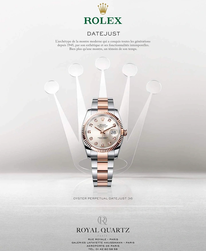 Creative ad: Two-tone rose gold and steel watch in front of a crown made of light