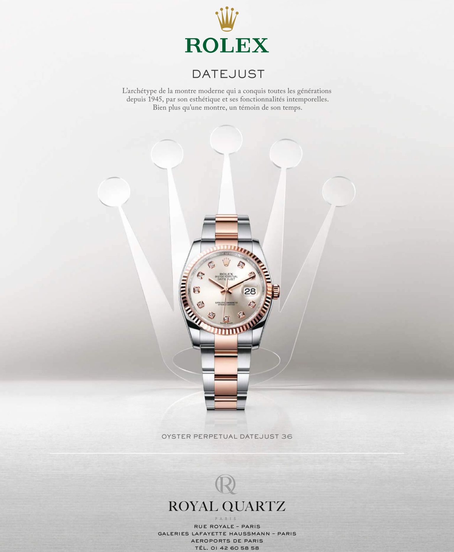 Poster: Two-tone rose gold and steel watch in front of a crown made of light