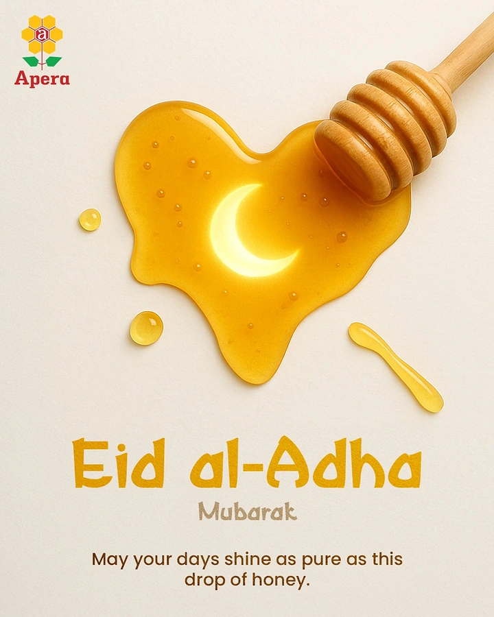 Eid creative ad: Heart-shaped honey puddle with a glowing crescent and a wooden dipper