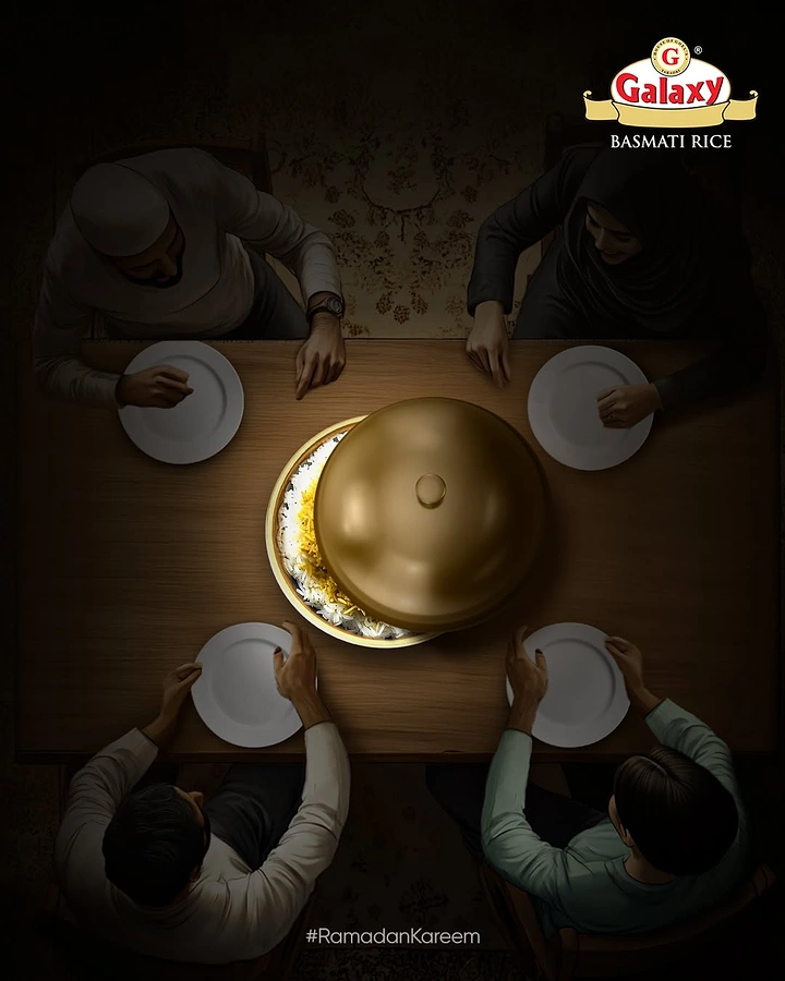 Ramadan creative ad: Top-down family iftar table around a golden cloche of rice