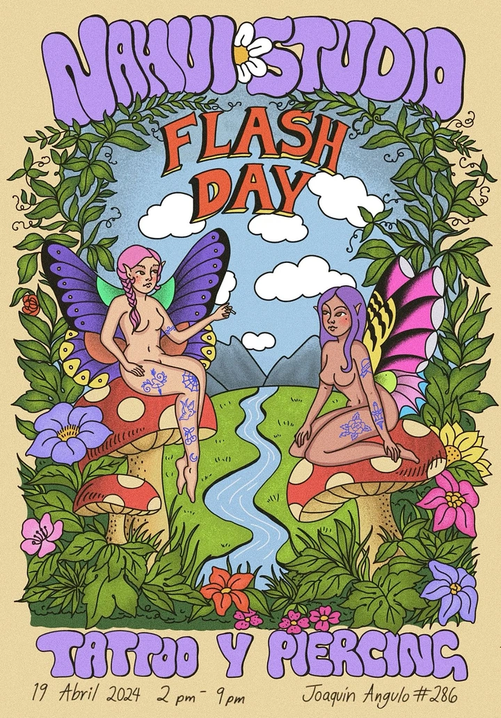 Tattoo Studios creative ad: Psychedelic fairy illustration flash day poster