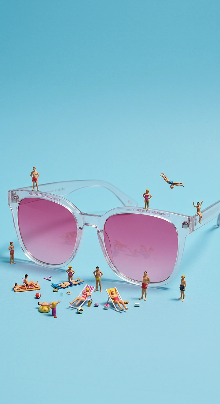 Sunglasses Brands creative ad: Tiny beach scene inside giant frames