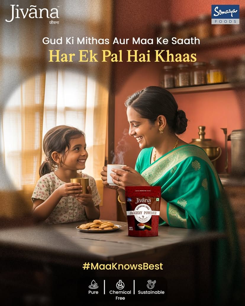 Mother in green saree sharing tea with her daughter beside a jaggery pouch