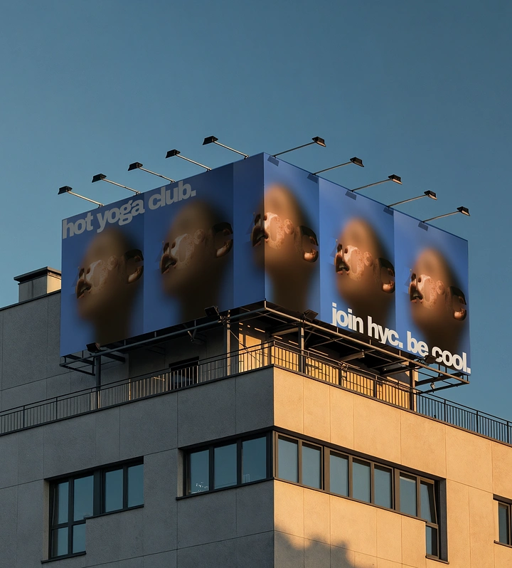 Yoga Studios creative ad: Rooftop billboard of repeated blurred sweaty faces