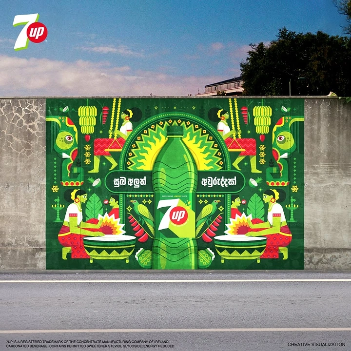 Dussehra creative ad: Oversized green soft-drink bottle integrated into a Sinhala New Year mural
