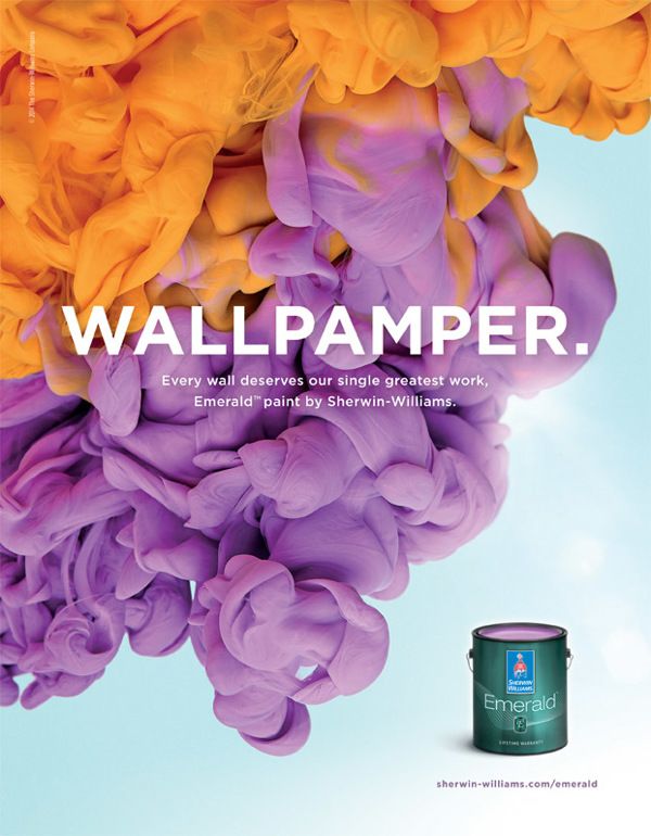 Poster: Orange and violet paint clouds cascading across a pale blue background