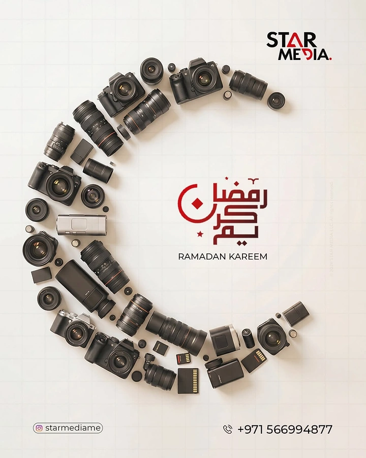 Ramadan creative ad: Crescent moon formed from flat-laid cameras, lenses and accessories