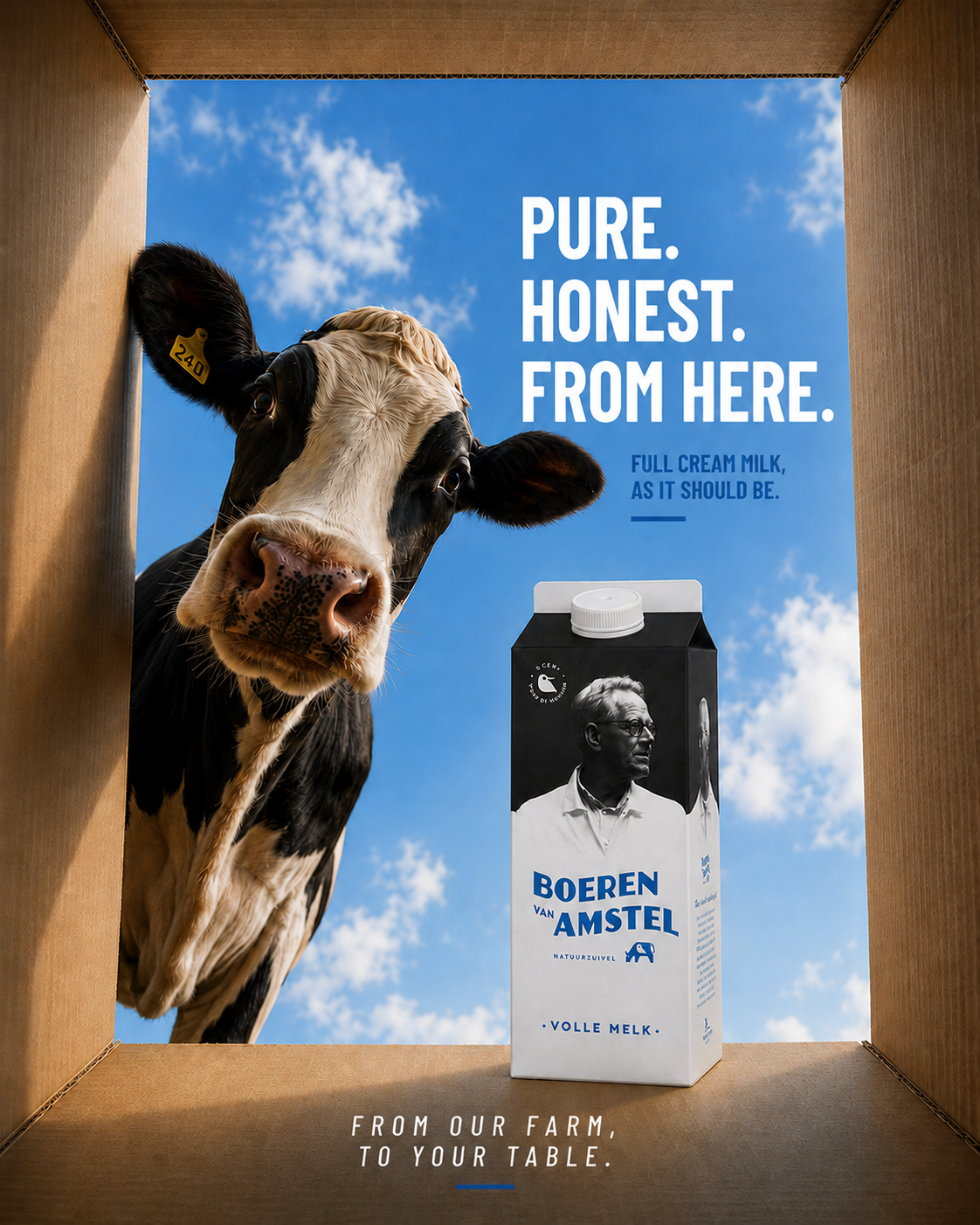 Instagram post: Cow peeking into box, farm-to-table idea