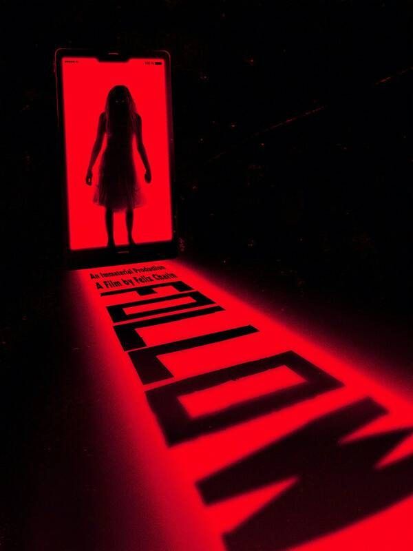 Poster: Ghostly girl silhouette inside a glowing red smartphone