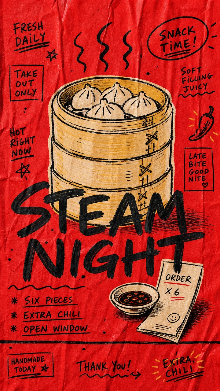 Chinese Restaurants creative ad: Steam Night pun drives illustrated campaign