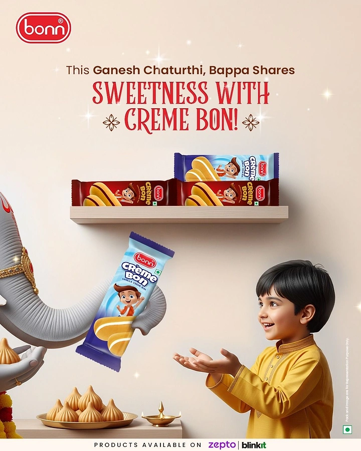 Ganesh Chaturthi creative ad: Ganesha's trunk handing a creme bun pack to a smiling boy