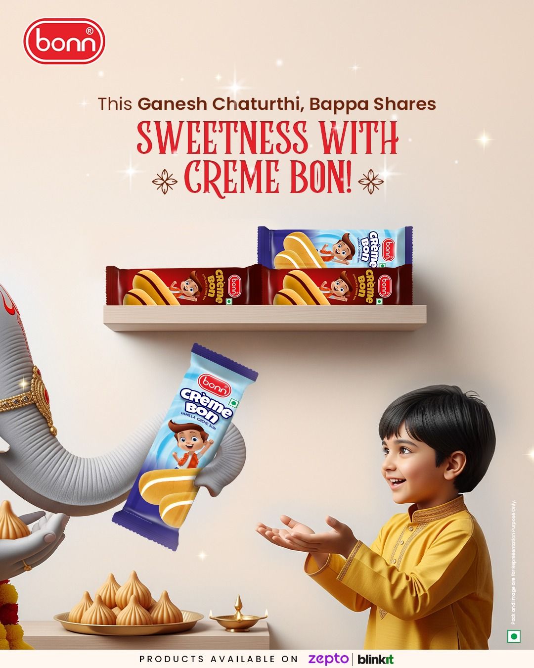 Ganesha's trunk handing a creme bun pack to a smiling boy