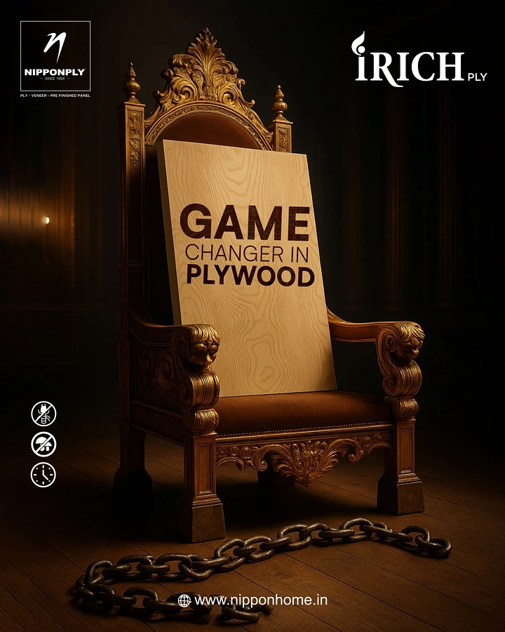 Cement, Steel & Building Materials creative ad: Plywood panel displayed on an ornate throne