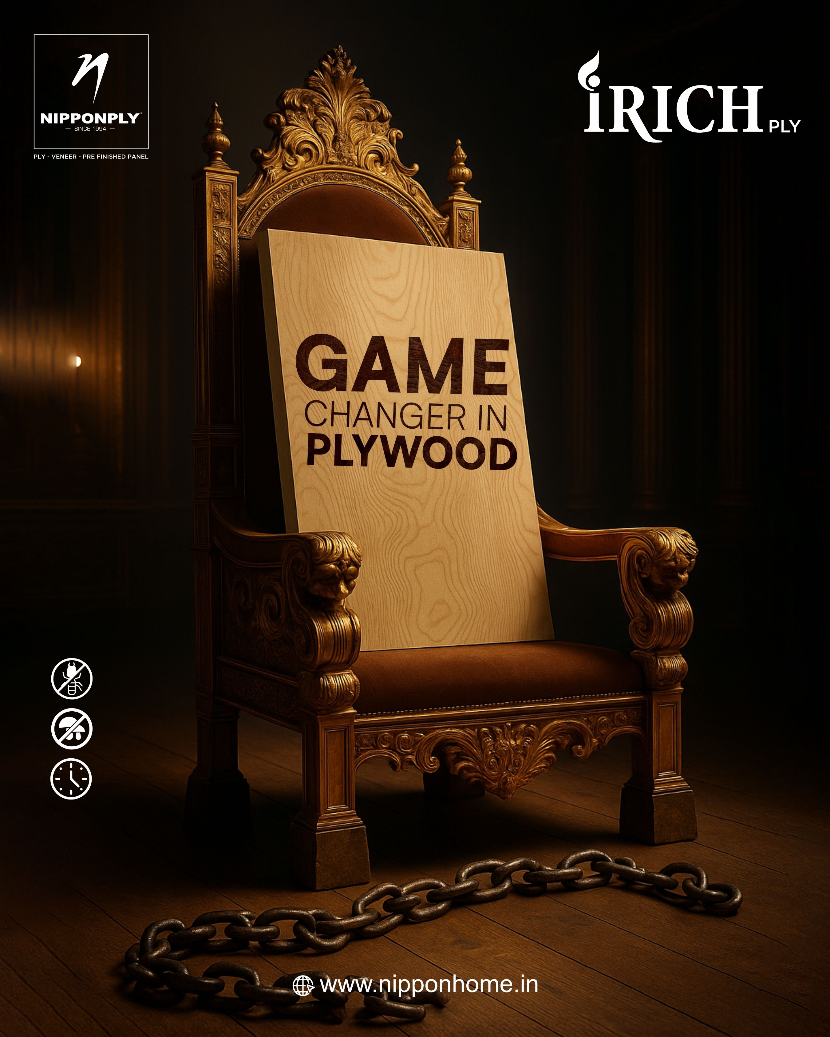 Poster: Plywood panel displayed on an ornate throne
