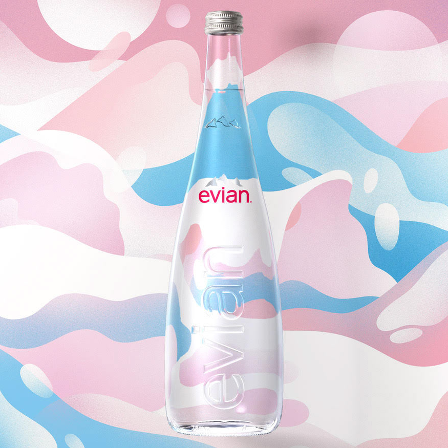 Instagram post: Evian bottle in playful fluid world