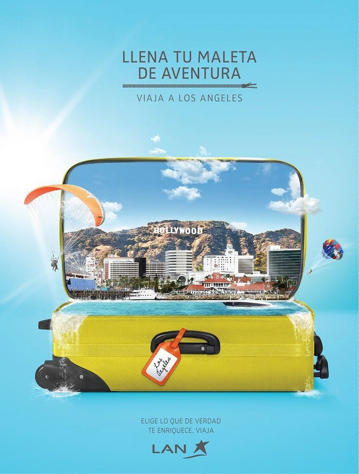 Creative ad: Open yellow suitcase containing a Los Angeles cityscape