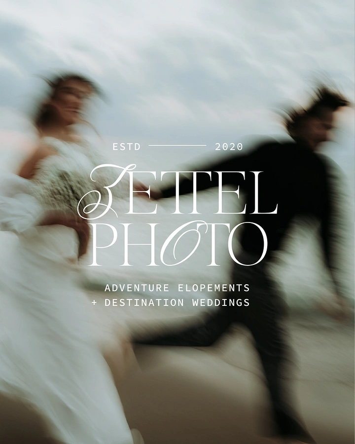 Photography creative ad: Motion-blurred bride and groom running hand in hand on a beach