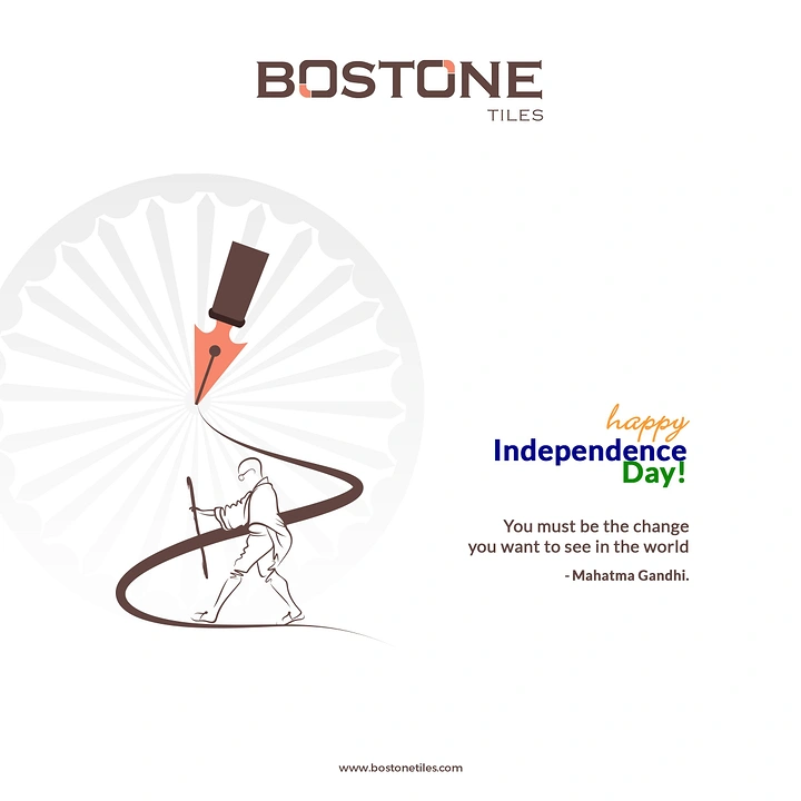 Independence Day creative ad: Fountain pen drawing an ink path on which Gandhi walks