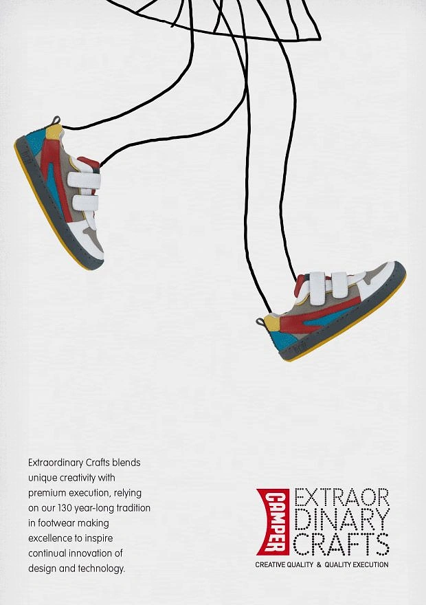 Creative ad: Hand-drawn child's legs wearing real photographed velcro sneakers