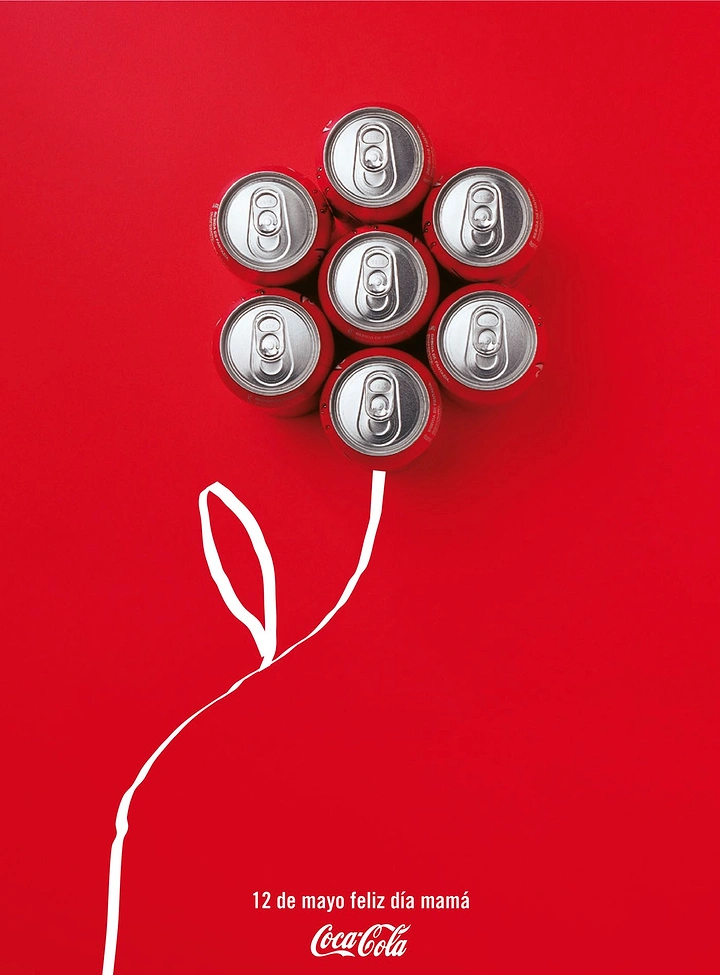 Mother's Day creative ad: Top-down soda cans arranged as a flower with drawn stem