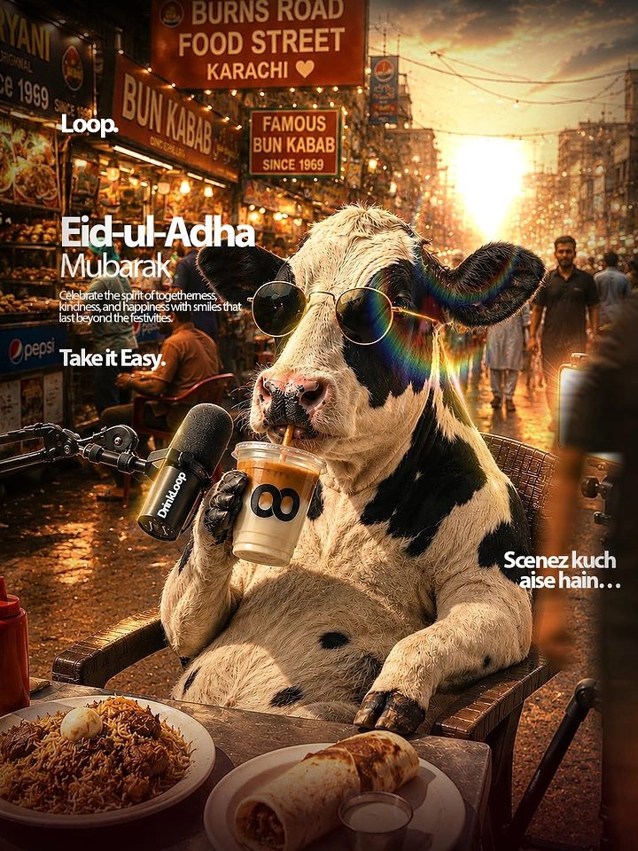 Eid creative ad: Cow in sunglasses sipping iced coffee at a street food stall