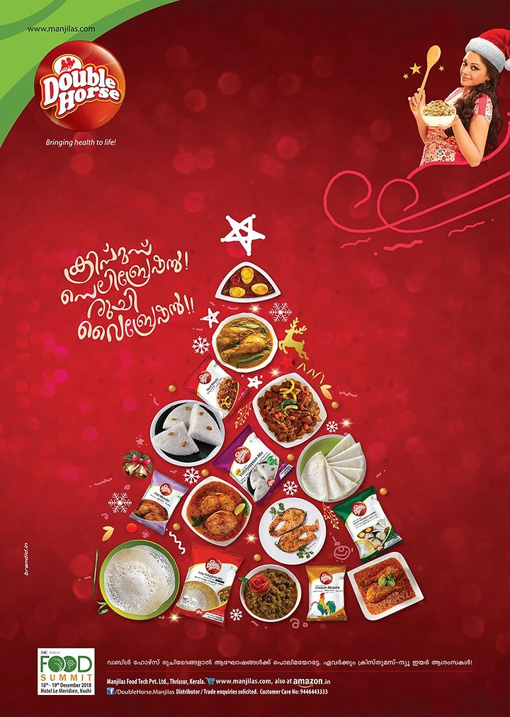 Christmas creative ad: Tree built from Kerala dishes and product packs