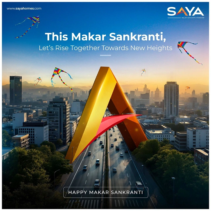 Makar Sankranti creative ad: Giant 3D gold logo letter A standing over a city highway at sunrise