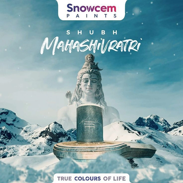 other-festival creative ad: Meditating Shiva statue behind a stone Shivling on snowy mountains