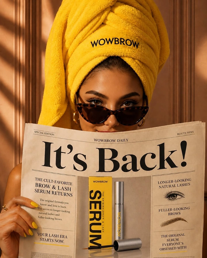 Skincare & Cosmetics creative ad: Woman in a yellow towel turban peeking over a newspaper