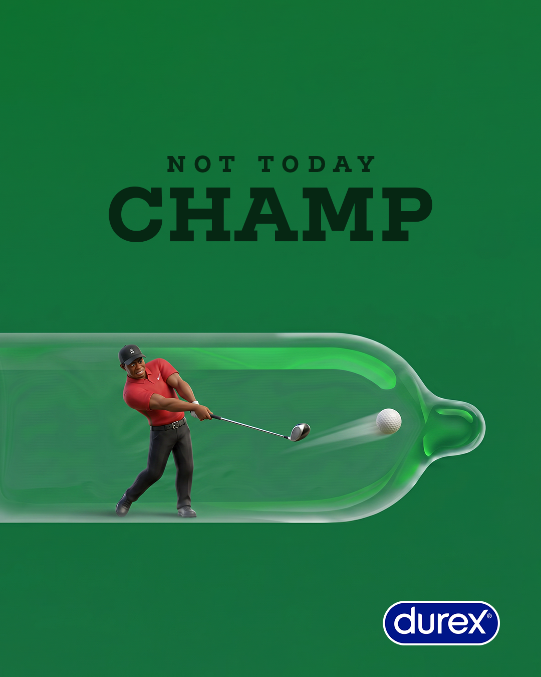 Stylised golfer driving a ball inside a transparent condom