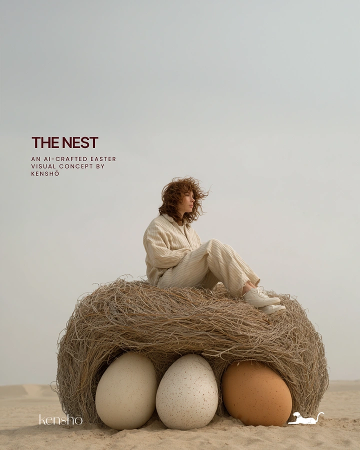Easter creative ad: Woman sitting on giant straw nest over oversized eggs