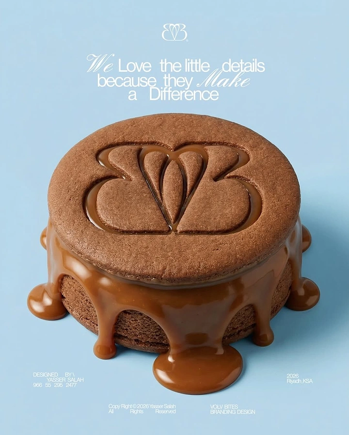 Creative ad: Round chocolate cookie cake embossed with a monogram and dripping caramel