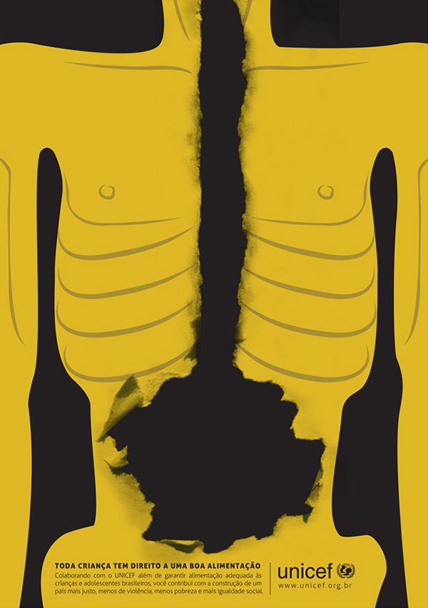 Poster: Emaciated child torso with torn hole for stomach