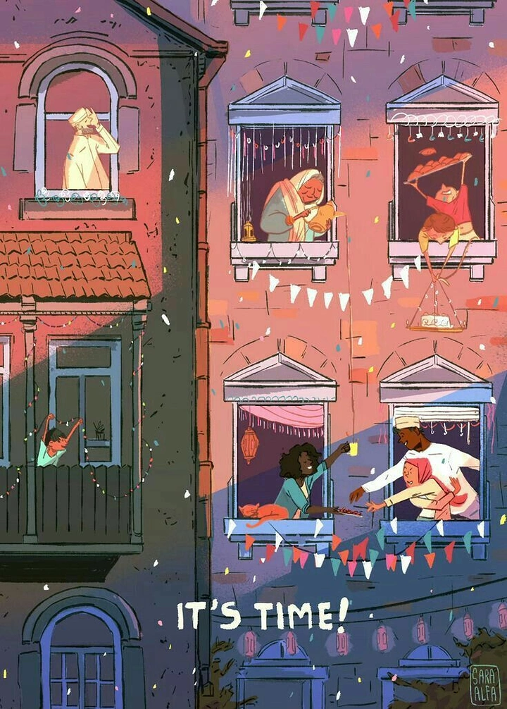 Ramadan creative ad: Neighbours in apartment windows sharing food at sunset
