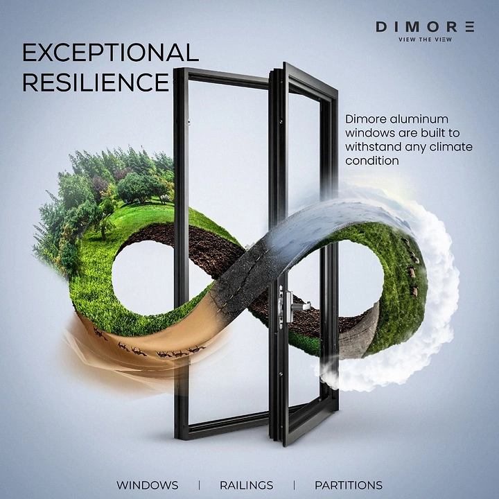 Doors & Windows creative ad: Open aluminum window intertwined with an infinity loop of earth, greenery, and clouds