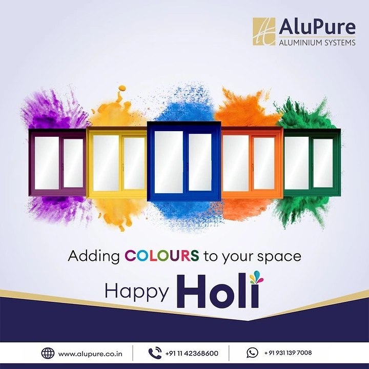 Holi creative ad: Row of five coloured aluminium windows bursting with Holi powder