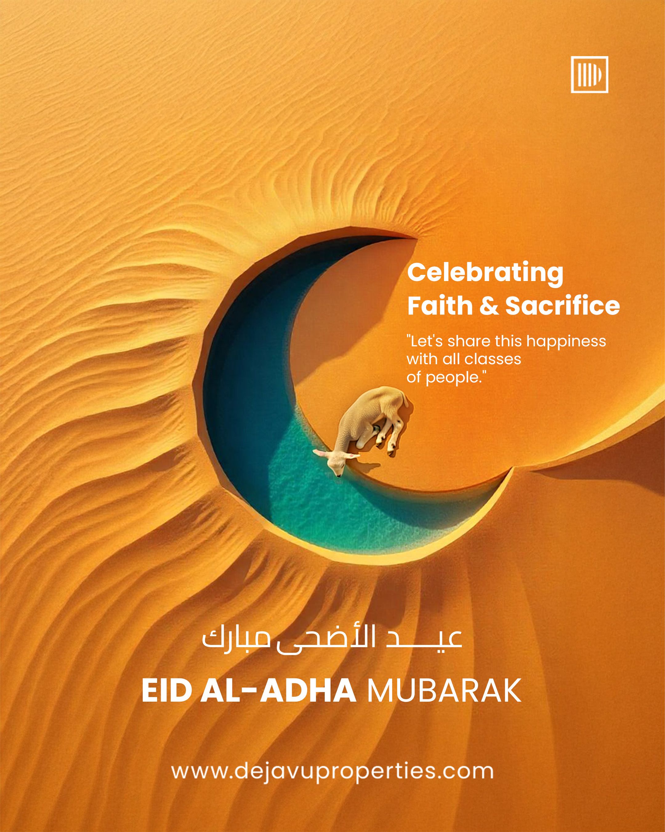 Eid Instagram post: Crescent-shaped oasis carved in desert sand, with a goat drinking