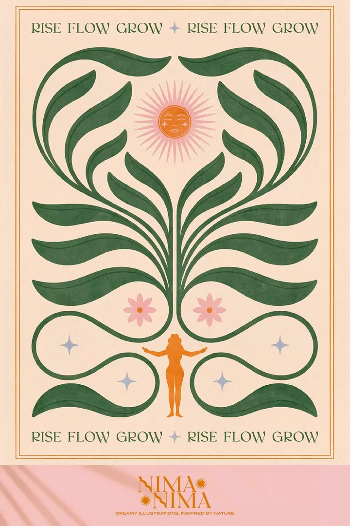 Art Supplies creative ad: Symmetrical art-nouveau plant with sun face above a small figure with open arms