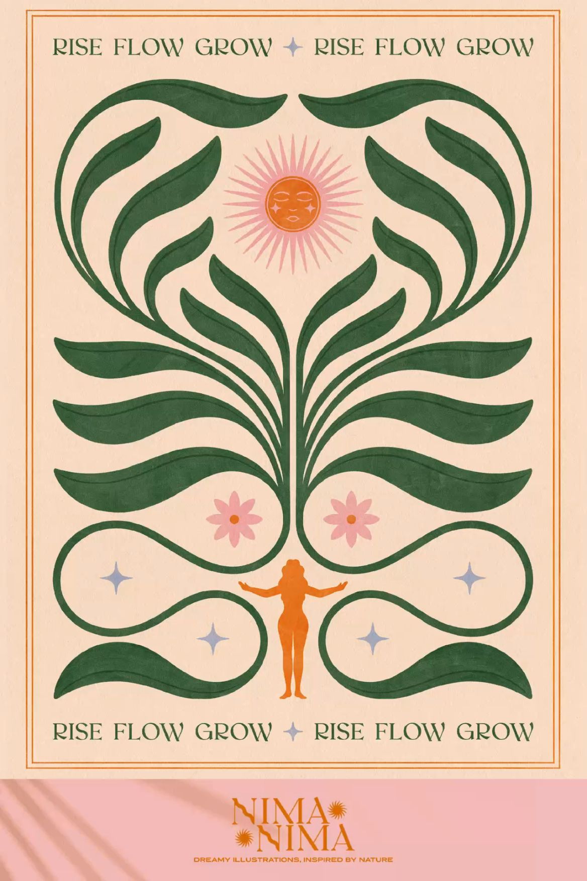 Poster: Symmetrical art-nouveau plant with sun face above a small figure with open arms
