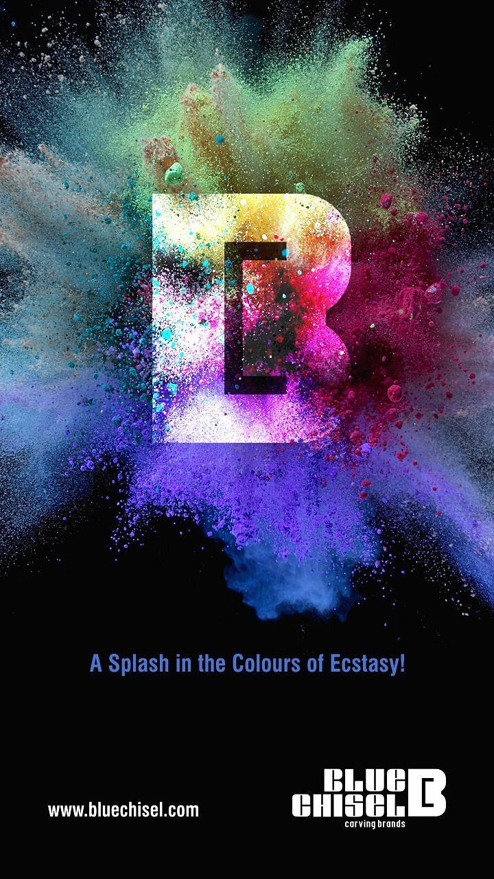Holi creative ad: Brand monogram letter bursting from exploding coloured powder