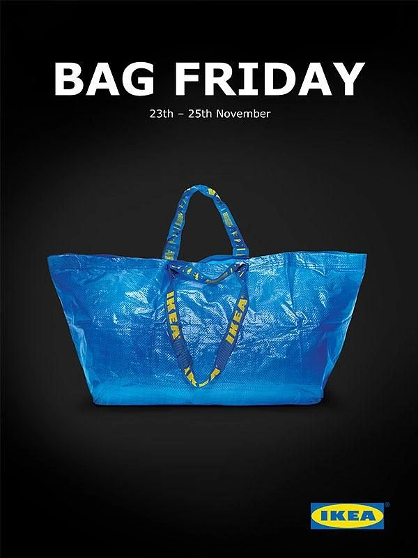Black Friday creative ad: Iconic blue woven shopping tote on black