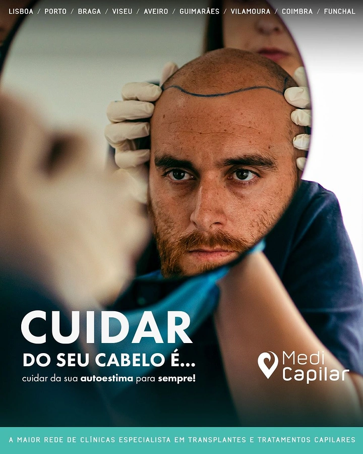 Hair Transplant & Hair Clinics creative ad: Mirror view with drawn hairline, cinematic