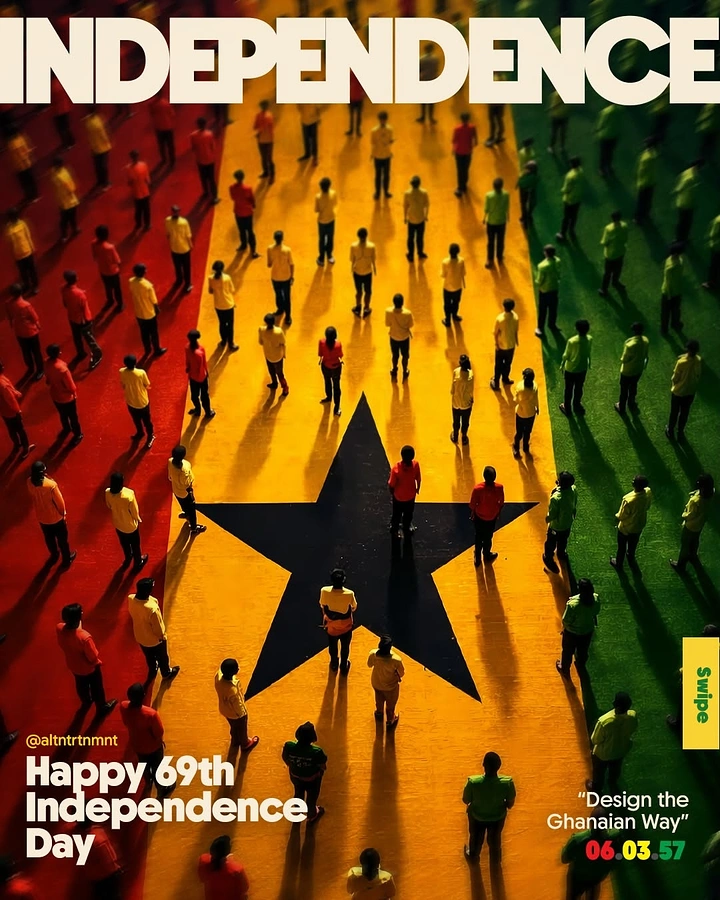 Independence Day creative ad: Aerial view of crowds in coloured shirts forming the Ghanaian flag with a black star