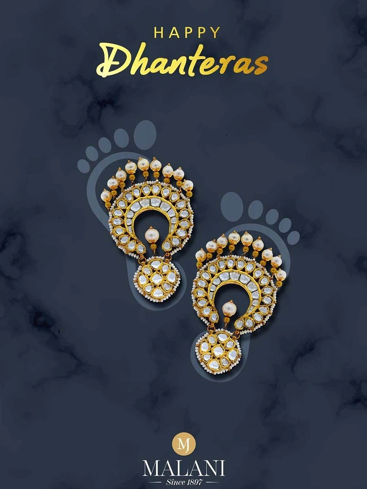 Dhanteras creative ad: Pair of kundan pearl chandbali earrings placed over Lakshmi footprints