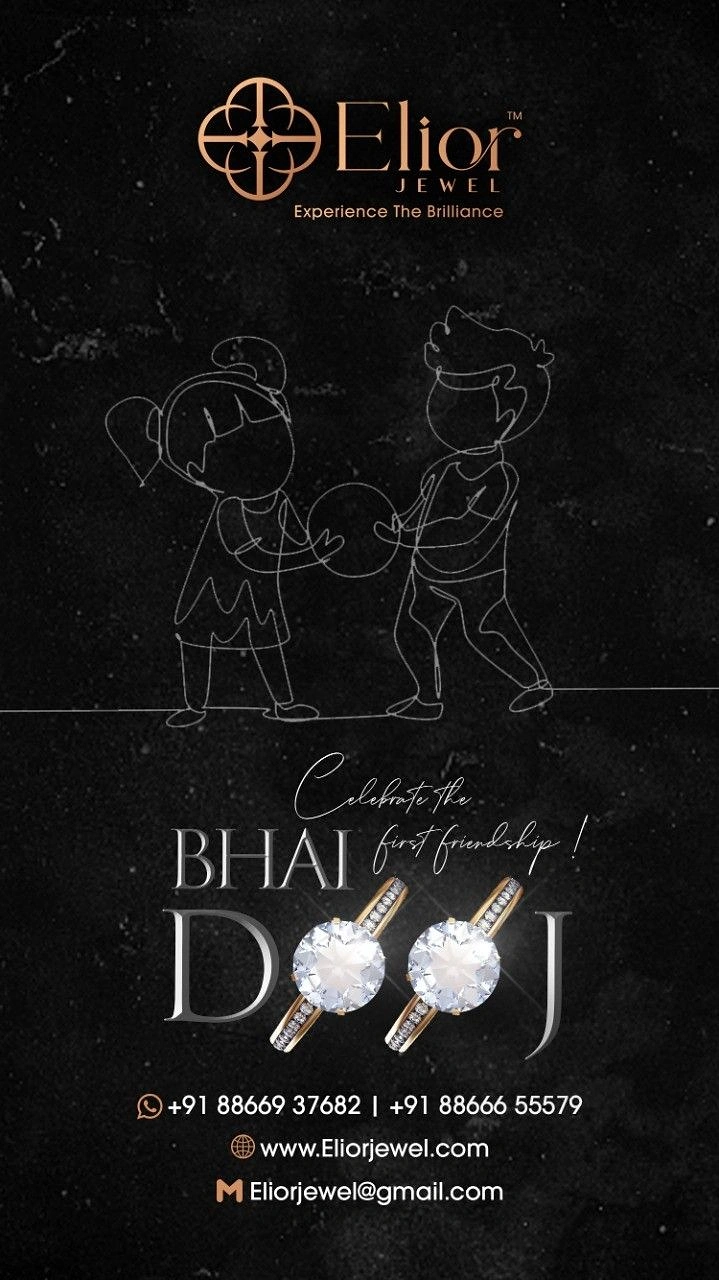 Bhai Dooj creative ad: Line-art sister and brother children with diamond rings replacing the O's in the title