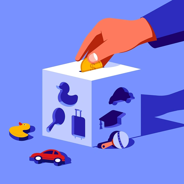 Stock Brokers & Investing creative ad: Hand dropping a coin into a toy shape-sorter box used as a savings box