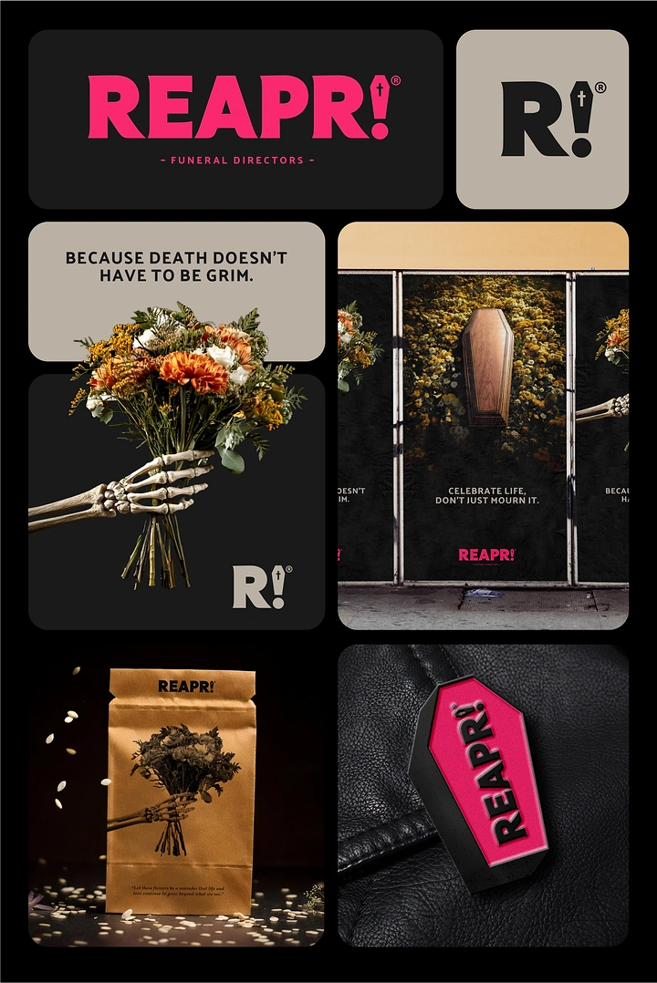 Funeral Services creative ad: Brand identity bento board with a skeleton hand holding flowers